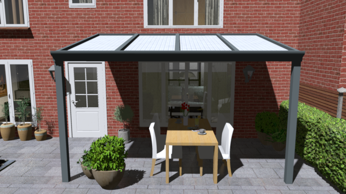 Klassieke veranda in antraciet structuur maatvoering 4.06m x 2.5m met 2 staanders en opaal polycarbonaat dak