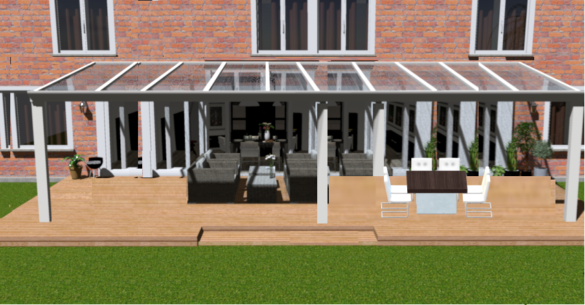 Klassieke veranda in ivoor maatvoering 10.06m x 4.0m met 3 staanders en helder polycarbonaat dak