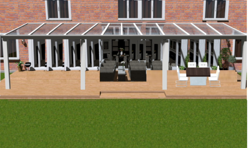 Klassieke veranda in wit structuur maatvoering 12.06m x 2.5m met 4 staanders en helder glasdak