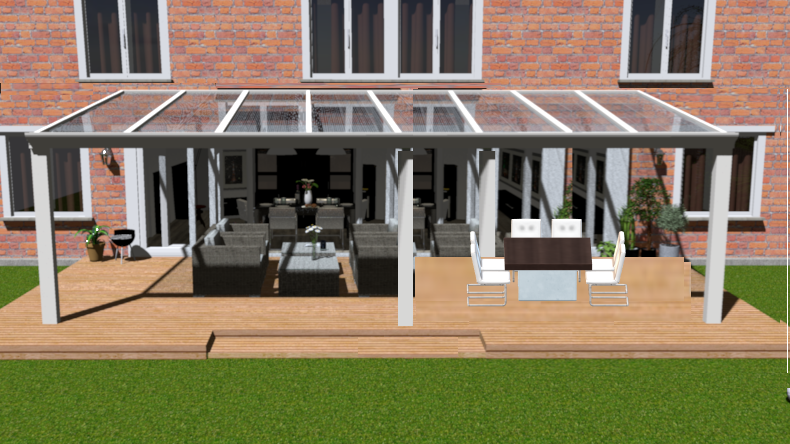 Klassieke veranda in ivoor maatvoering 8.06m x 2.5m met 3 staanders en helder polycarbonaat dak