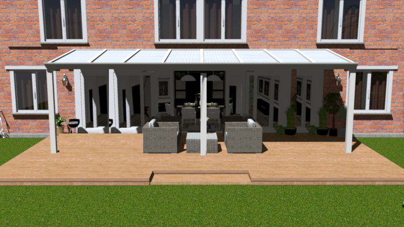 Klassieke veranda in wit structuur maatvoering 8.06m x 3.5m met 3 staanders en melkglas dak