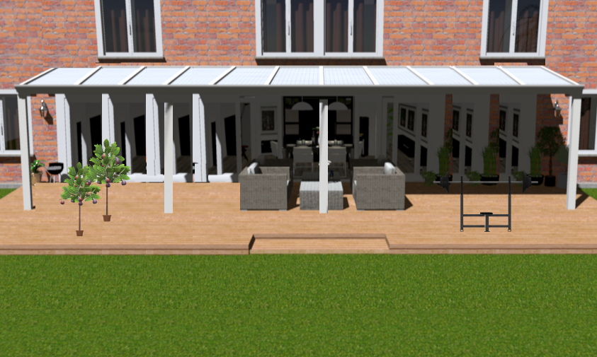 Klassieke veranda in wit structuur maatvoering 11.06m x 3.0m met 4 staanders en melkglas dak