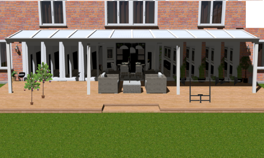 Klassieke veranda in wit structuur maatvoering 12.06m x 3.5m met 4 staanders en melkglas dak