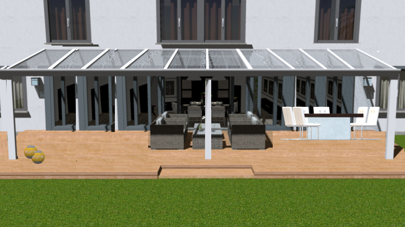 Moderne veranda in wit structuur maatvoering 10.06m x 4.0m met 3 staanders en helder polycarbonaat dak