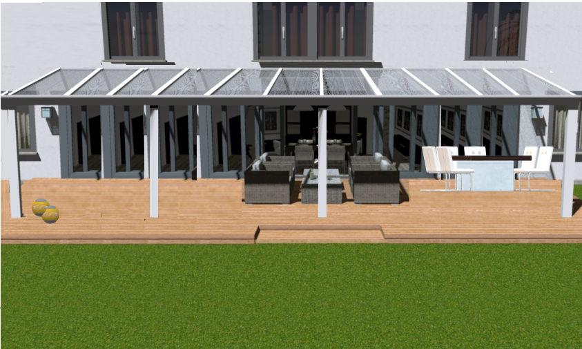 Moderne veranda in wit structuur maatvoering 11.06m x 3.5m met 4 staanders en helder glasdak