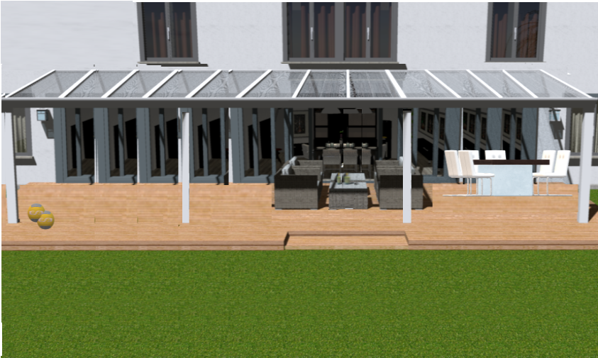 Moderne veranda in wit structuur maatvoering 12.06m x 4.0m met 4 staanders en helder glasdak