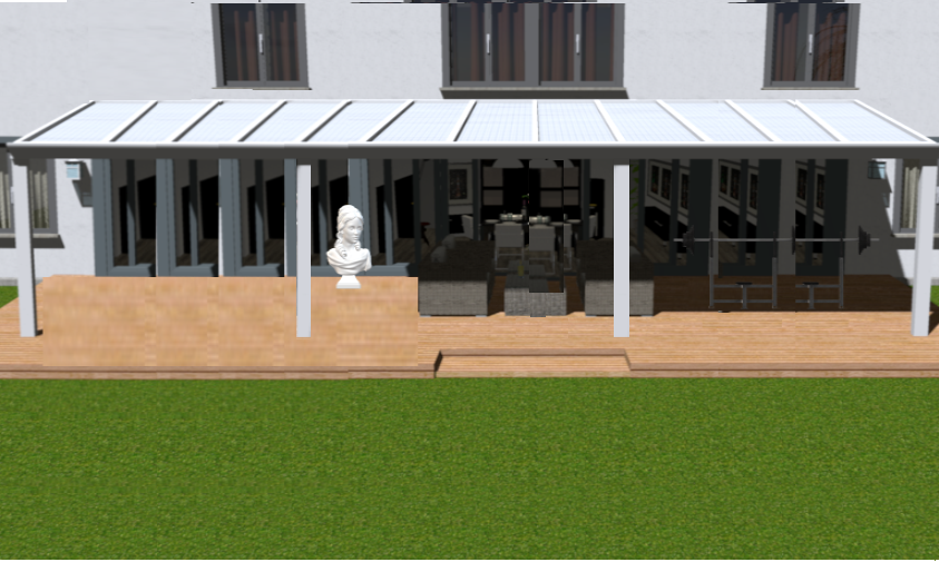 Moderne veranda in wit structuur maatvoering 12.06m x 4.0m met 4 staanders en melkglas dak