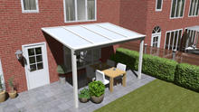 Afbeelding in Gallery-weergave laden, Klassieke veranda in ivoor maatvoering 4.06m x 3.0m met 2 staanders en opaal polycarbonaat dak
