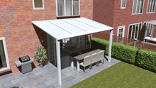 Afbeelding in Gallery-weergave laden, Moderne veranda in wit structuur maatvoering 4.06m x 3.0m met 2 staanders en opaal polycarbonaat dak
