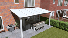 Afbeelding in Gallery-weergave laden, Klassieke veranda in wit structuur maatvoering 5.06m x 3.0m met 2 staanders en opaal polycarbonaat dak
