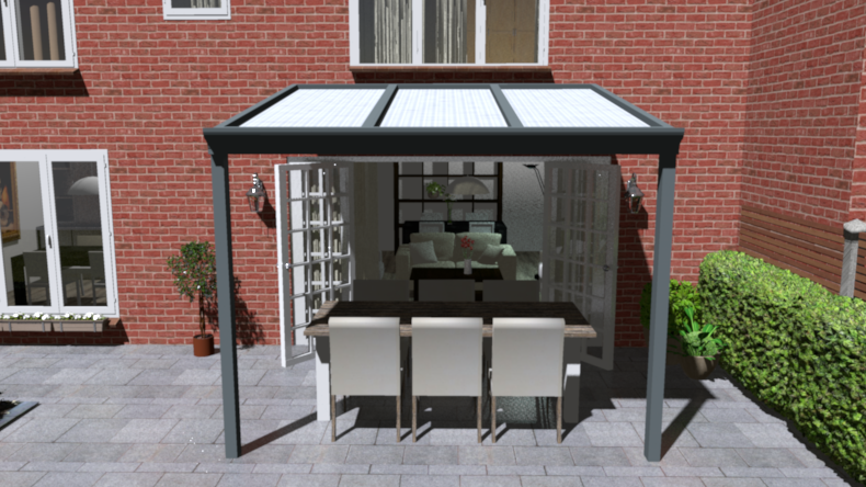 Klassieke veranda in antraciet structuur maatvoering 3.06m x 2.5m met 2 staanders en opaal polycarbonaat dak