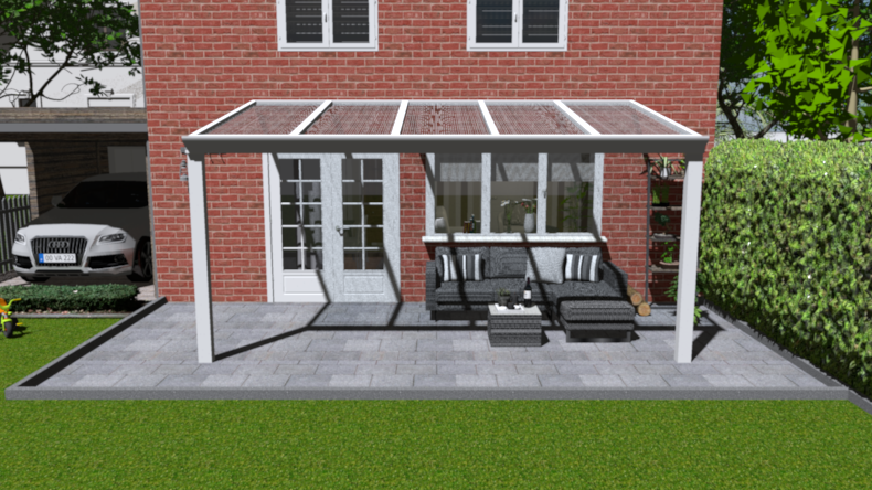 Klassieke veranda in wit structuur maatvoering 5.06m x 2.5m met 2 staanders en helder polycarbonaat dak