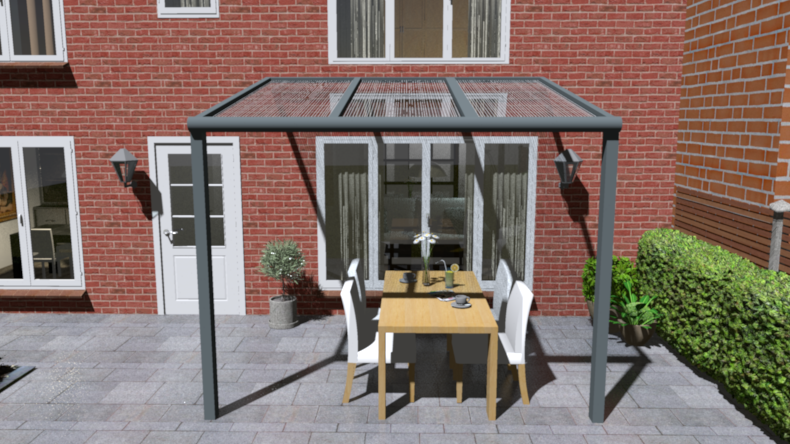 Moderne veranda in antraciet structuur maatvoering 3.06m x 2.5m met 2 staanders en helder polycarbonaat dak