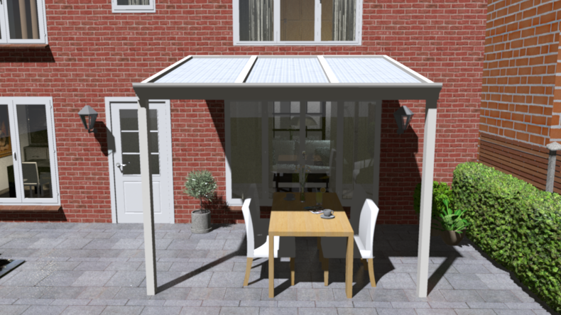 Klassieke veranda in ivoor maatvoering 3.06m x 2.5m met 2 staanders en opaal polycarbonaat dak