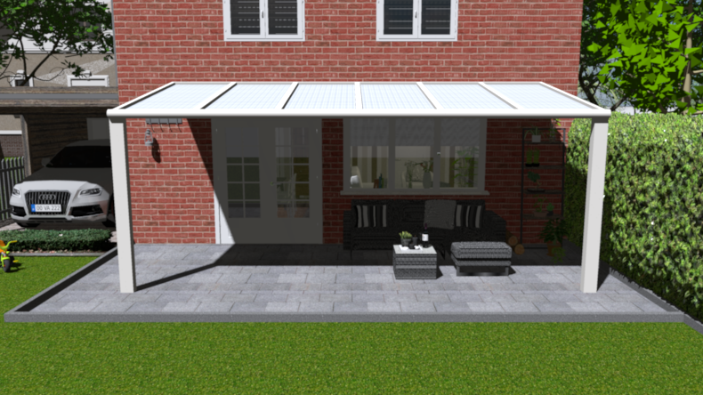 Moderne veranda in ivoor maatvoering 6.06m x 2.5m met 2 staanders en opaal polycarbonaat dak