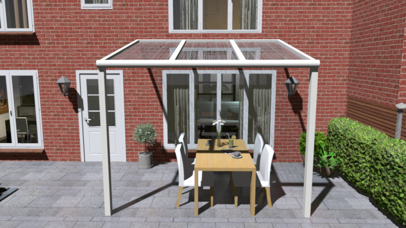 Klassieke veranda in ivoor maatvoering 3.06m x 2.5m met 2 staanders en helder polycarbonaat dak