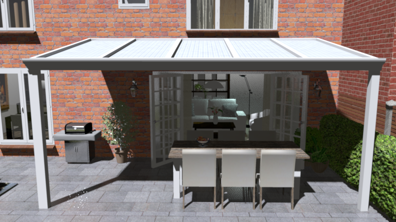 Klassieke veranda in wit structuur maatvoering 5.06m x 3.0m met 2 staanders en opaal polycarbonaat dak