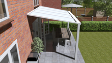 Afbeelding in Gallery-weergave laden, Moderne veranda in wit structuur maatvoering 4.06m x 3.0m met 2 staanders en opaal polycarbonaat dak
