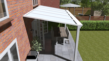 Afbeelding in Gallery-weergave laden, Klassieke veranda in wit structuur maatvoering 5.06m x 3.0m met 2 staanders en opaal polycarbonaat dak
